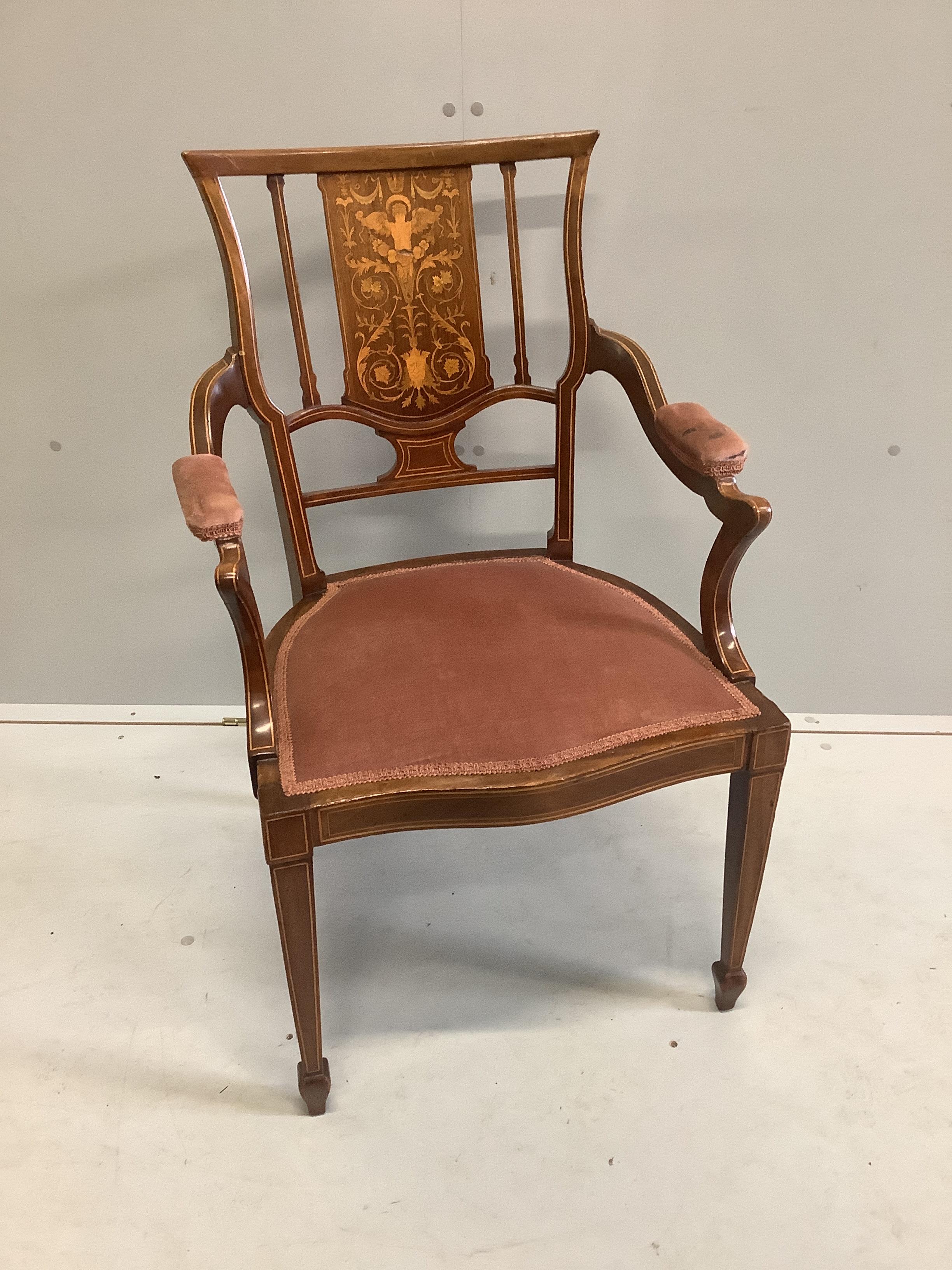 An Edwardian marquetry inlaid mahogany kneehole writing desk, width 107cm, depth 50cm, height 73cm together with an Edwardian marquetry inlaid elbow chair